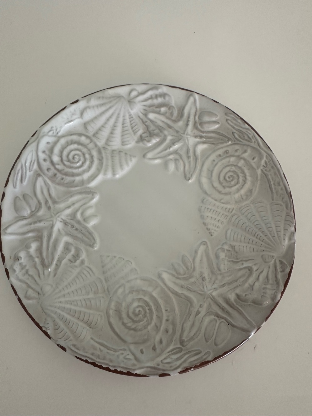 Mud Pie Coastal White Ceramic Decorative Plate with Brown Rim